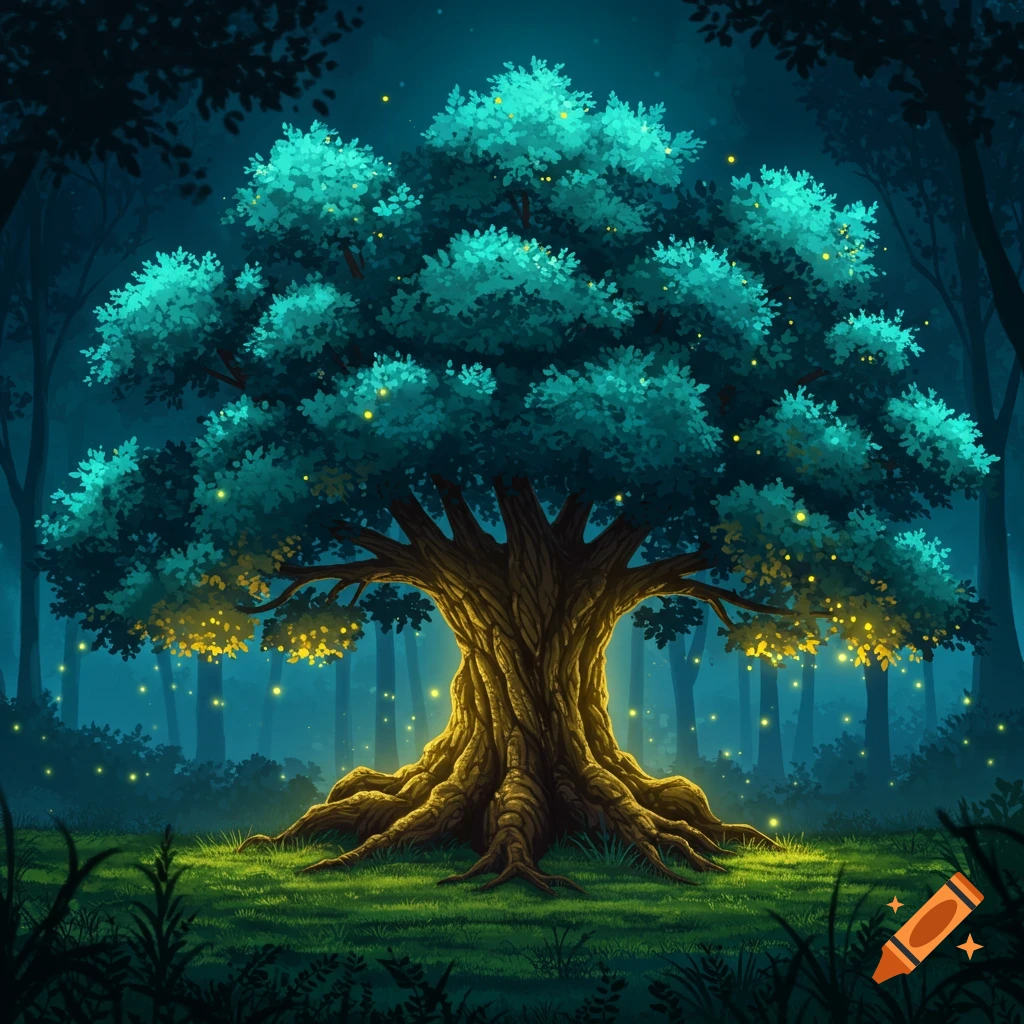A stylized illustration of a glowing, ancient tree with blue-green leaves and a golden trunk in a dark, magical forest at night.