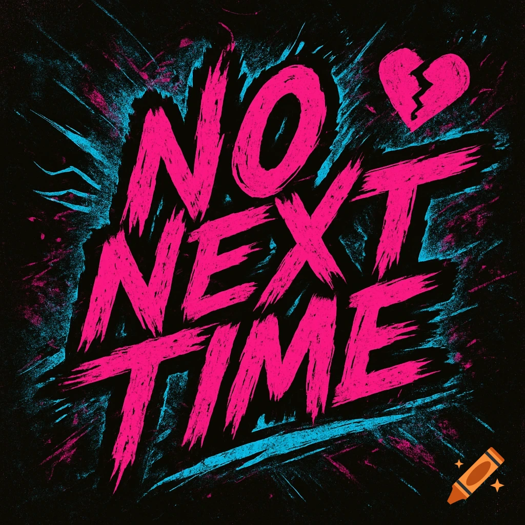 Gritty neon pink text 'NO NEXT TIME' with a broken heart, on a dark background with blue and pink splatters.