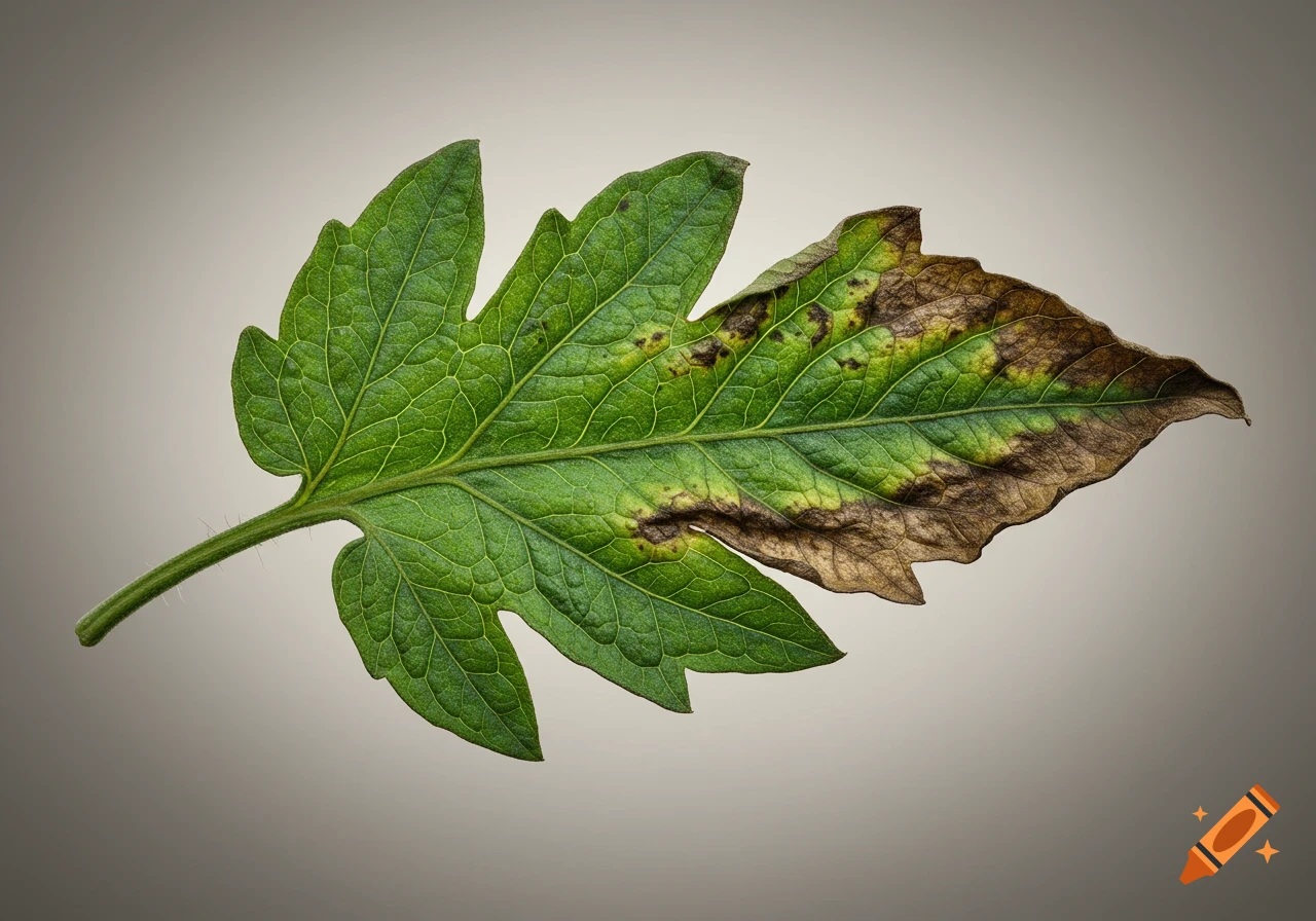 Photorealistic close-up of a tomato leaf, partially green and healthy, partially brown and diseased from mildew, on a gray background.