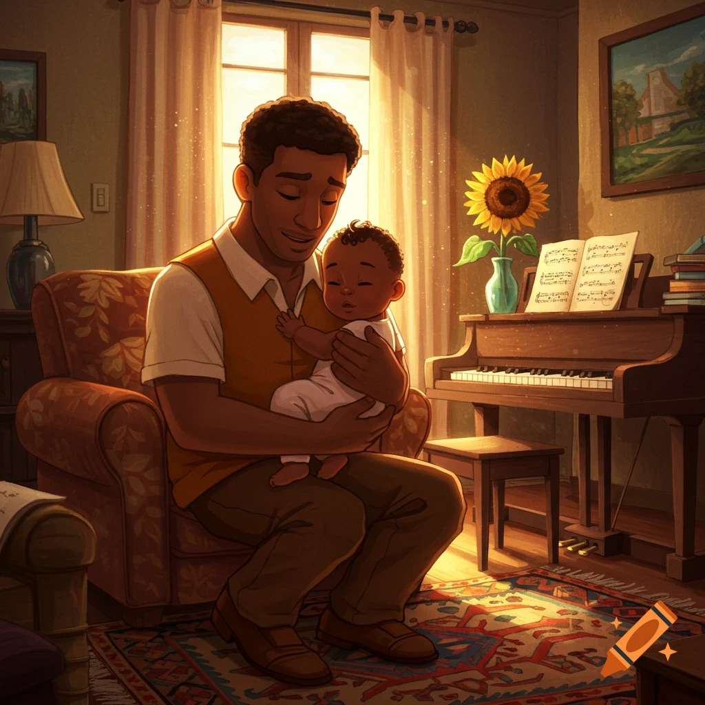 A Black man lovingly holds a sleeping baby in a warm, sunlit living room with a piano, sunflower, and patterned rug in an illustrative style.