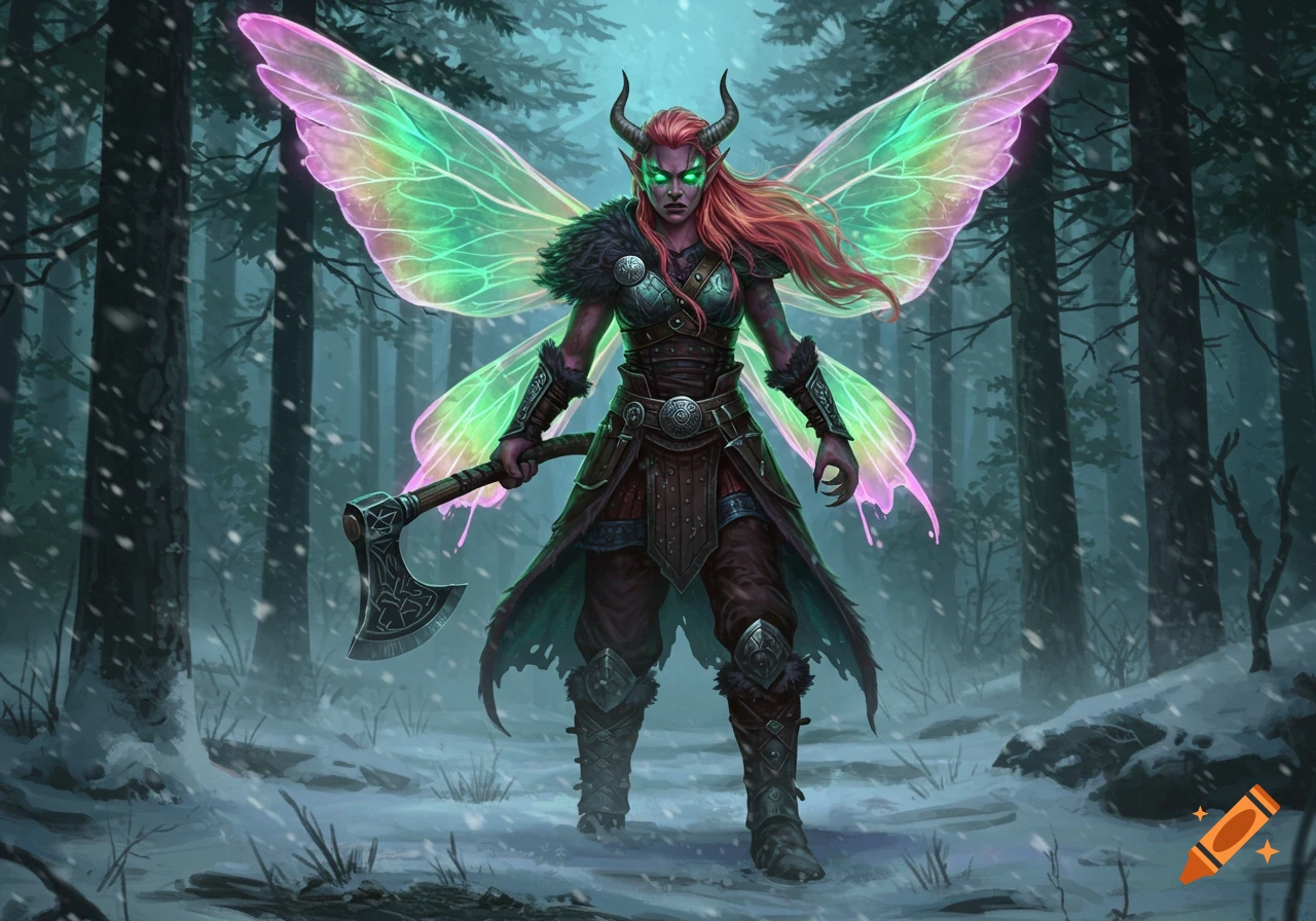 A formidable red-haired, purple-skinned horned fairy warrior with glowing green eyes and iridescent wings, holding an axe in a snowy forest.