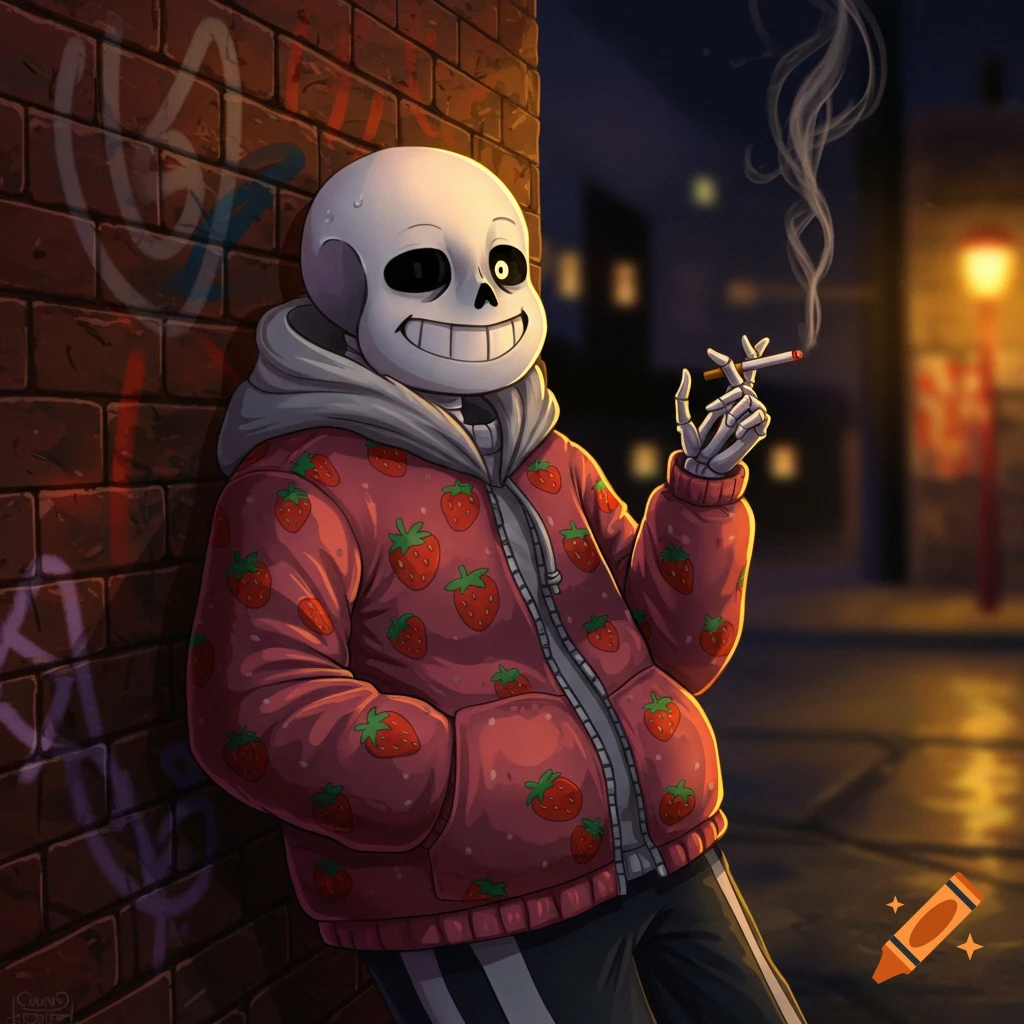 Cartoon skeleton character Sans in a strawberry hoodie leans against a brick wall in a dark alley, smoking a cigarette.