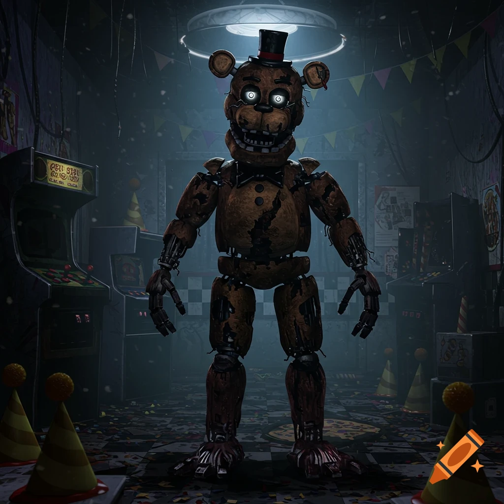 A creepy, dilapidated Freddy Fazbear animatronic stands in a dark, messy arcade room with glowing eyes.