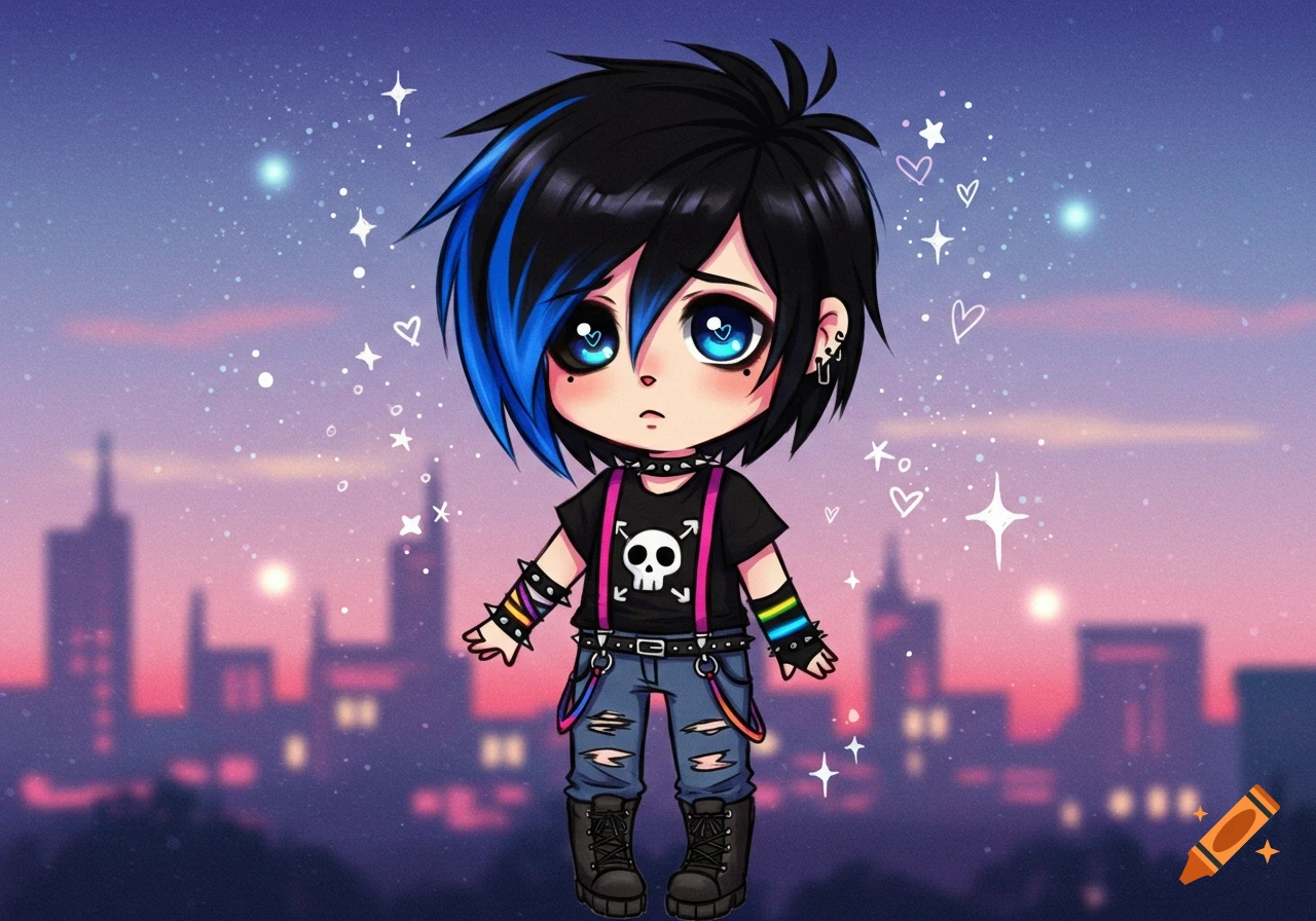 Anime chibi character with black and blue emo hair, dark clothes, and a skull t-shirt, against a blurry city skyline at dusk.