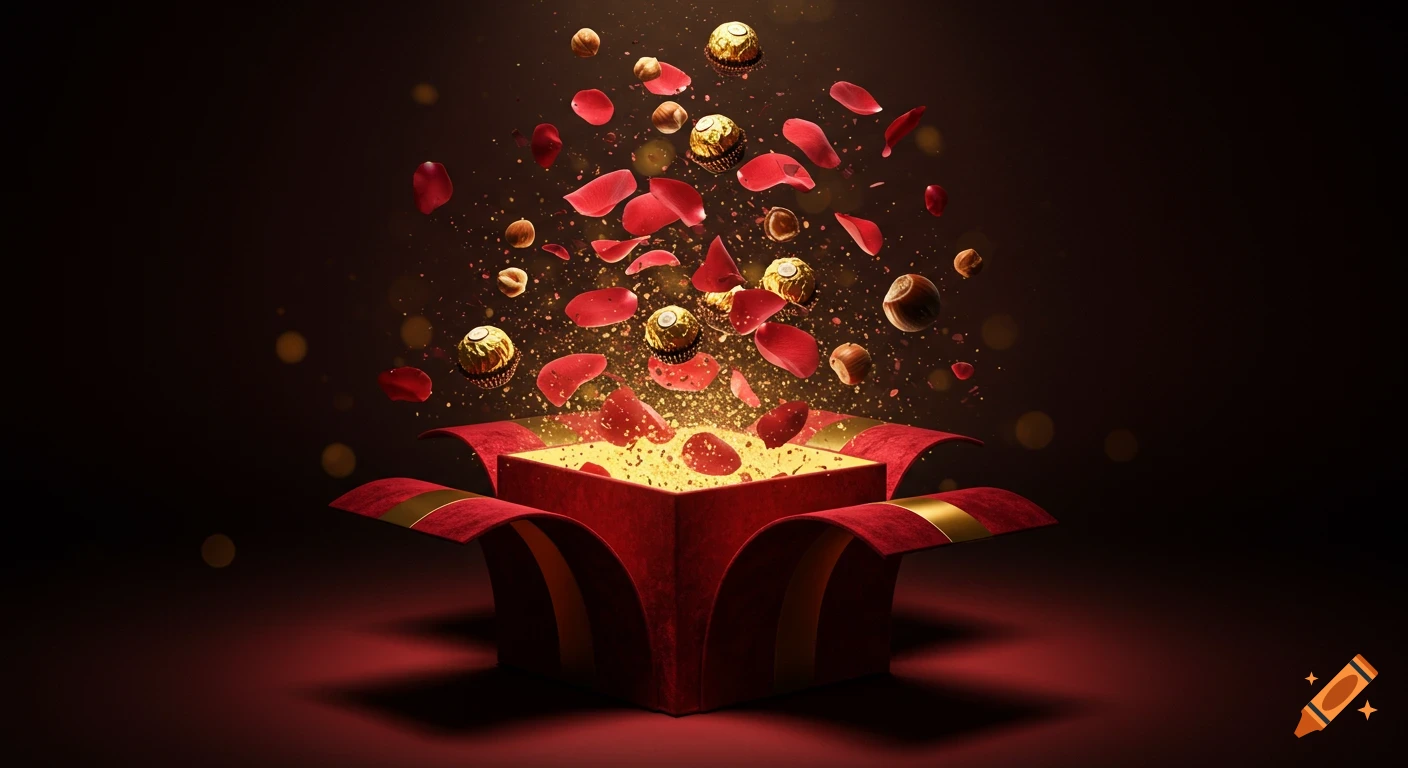 A red gift box bursting open with golden chocolates, hazelnuts, and rose petals flying out against a dark background in a photorealistic style.