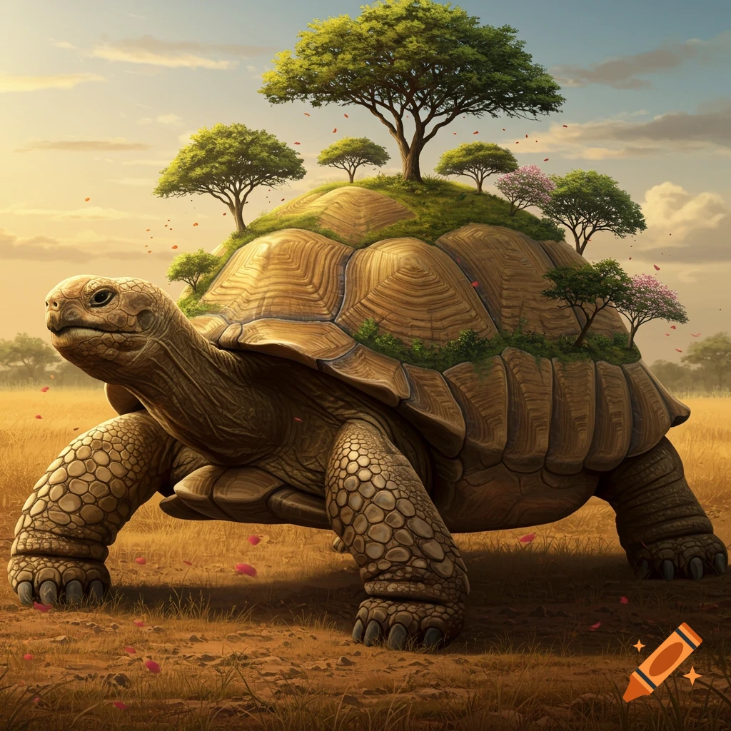 A giant tortoise with a small hill, trees, and flowers on its back, walking in a golden grassy field at sunset.
