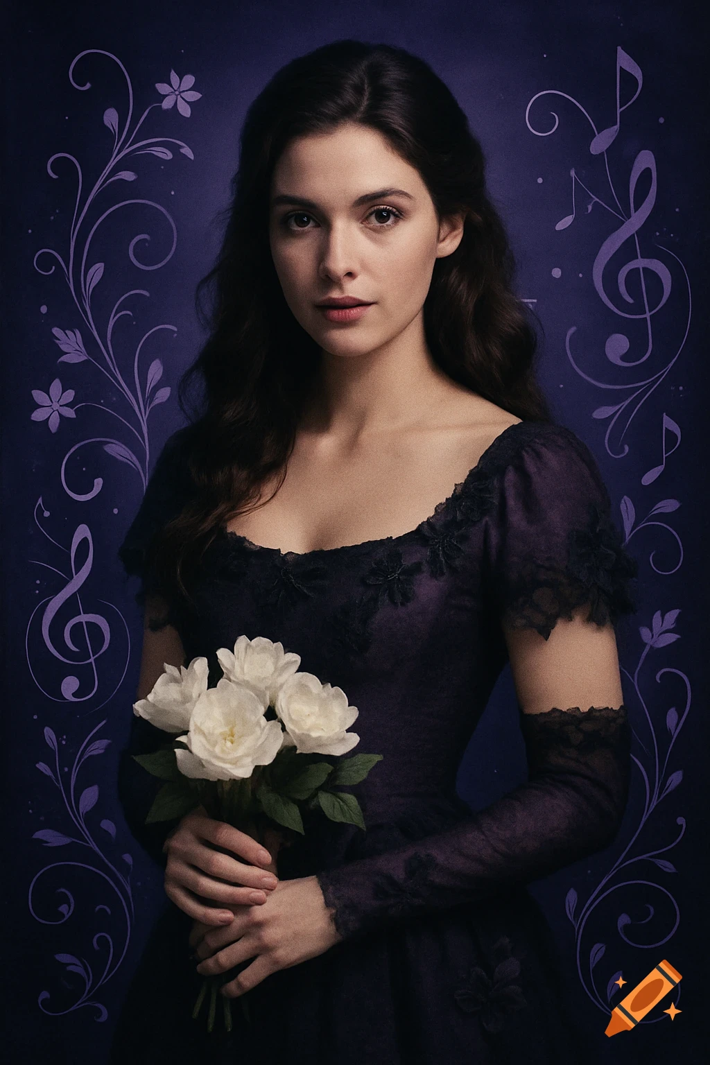 Photorealistic portrait of a beautiful brunette woman in a dark purple dress, holding white flowers, against a dark purple background with floral and musical flourishes.