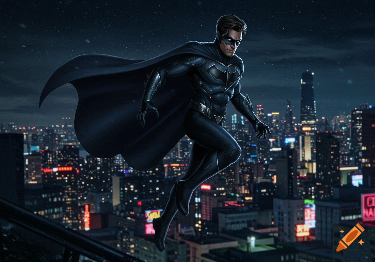 A male superhero in a dark blue suit and cape flies over a glowing cityscape at night, digital art.