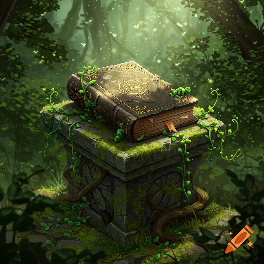 An old, ornate grimoire with golden symbols sits on a mossy stone pedestal in a lush, magical forest.