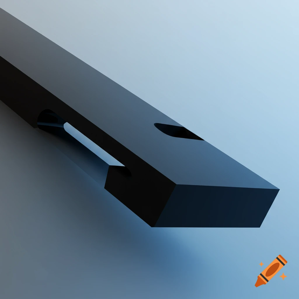 A black rectangular prism with a sloped top and cut-outs against a light blue gradient background, minimalist 3D render.