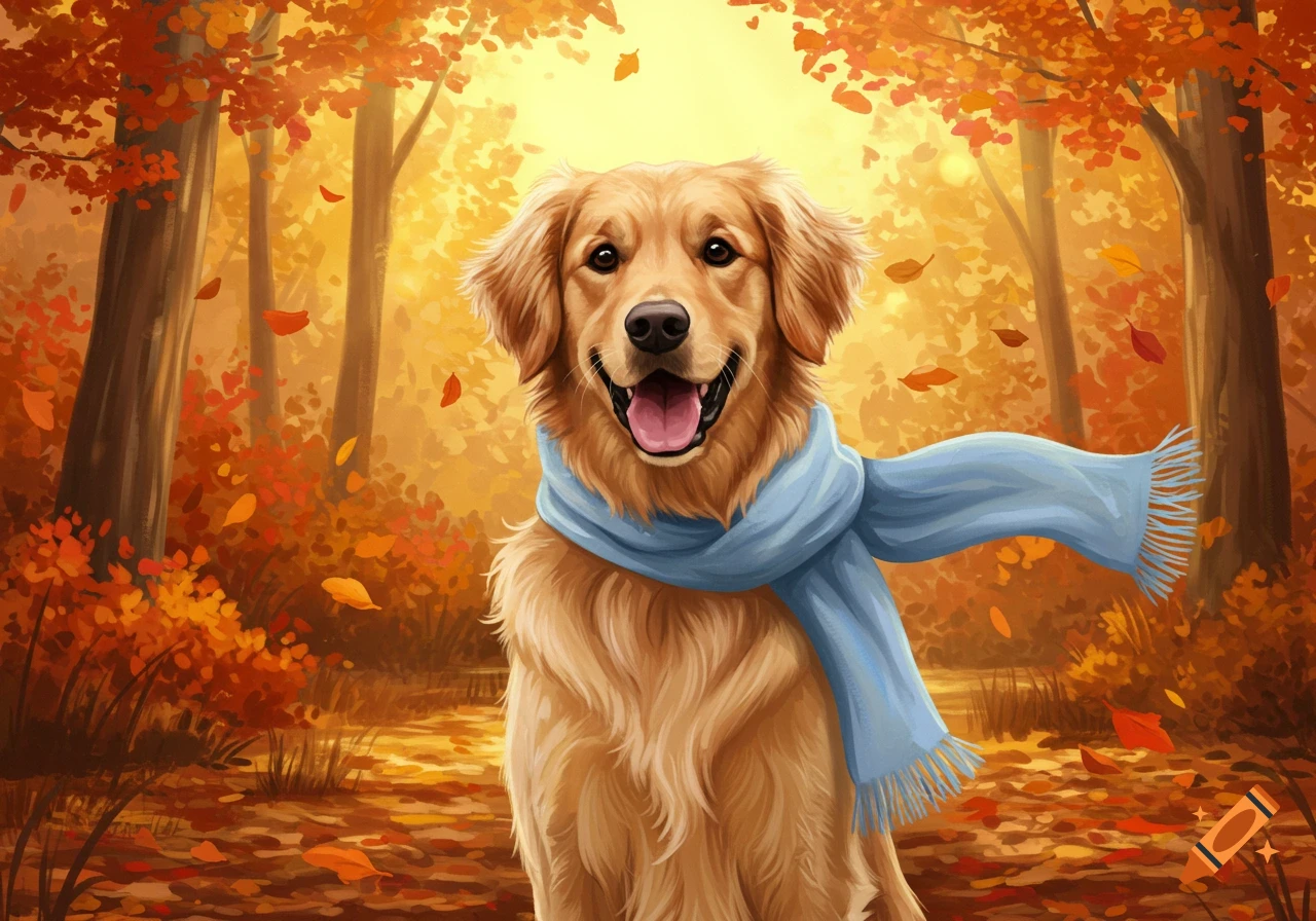 A happy golden retriever dog wearing a blue scarf in an autumn forest with falling leaves, digital painting.