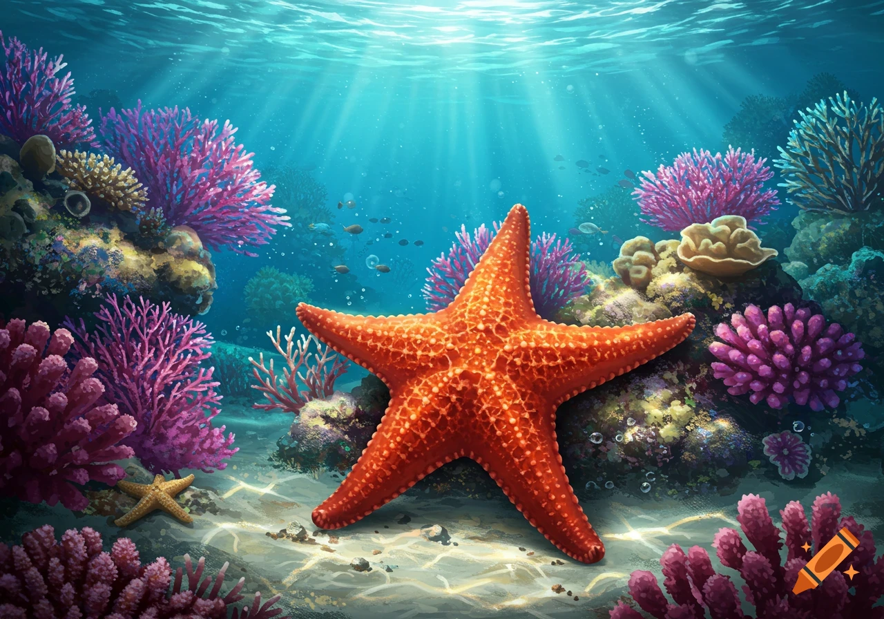 A large orange starfish sits on a sandy seabed surrounded by vibrant pink and purple coral in a bright underwater scene.