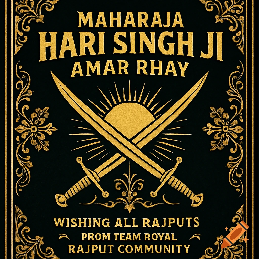 Black and gold logo with crossed swords, a sun, and intricate motifs, featuring text about Maharaja Hari Singh Ji and the Rajput community.