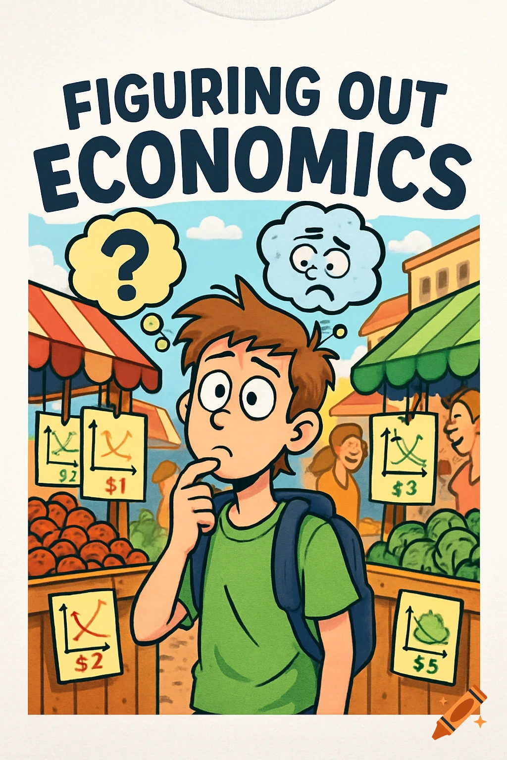 A cartoon student in a market, looking confused, surrounded by price tags with graphs. Text reads 'FIGURING OUT ECONOMICS'.