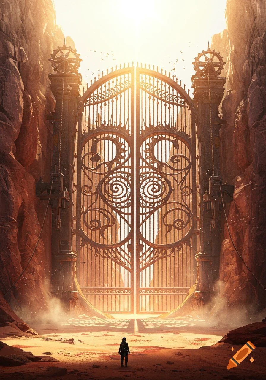 A lone figure stands before a massive, ornate steel gate, glowing with sunlight, nestled between barren rock cliffs in a desert.