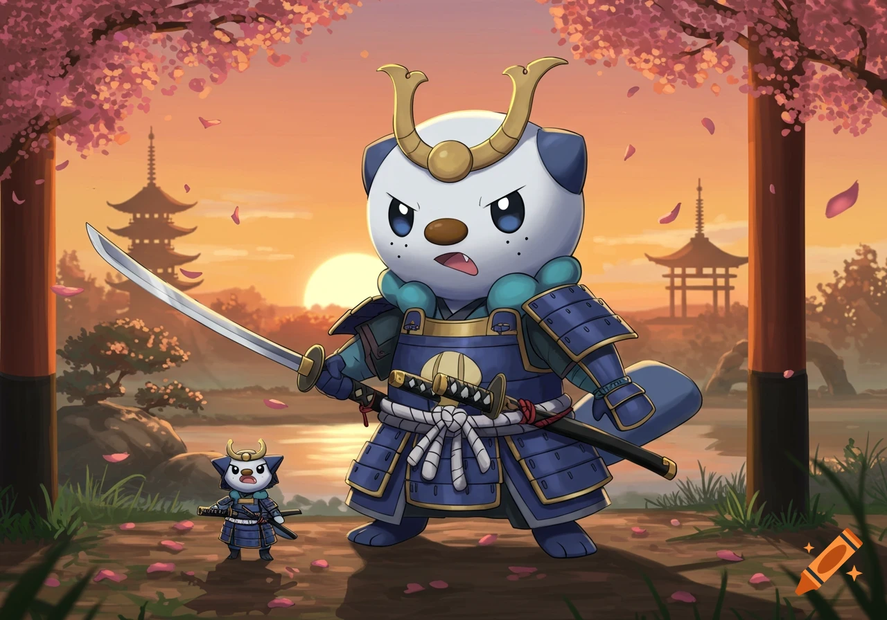 A cartoon Oshawott Pokémon in blue samurai armor, holding a katana, stands in a Japanese sunset landscape with pagodas and cherry blossoms.