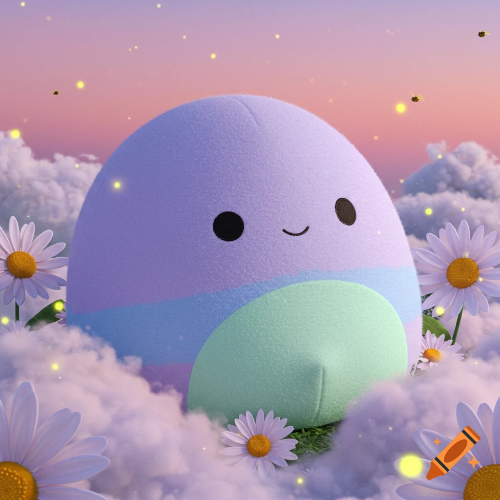 A round, pastel purple, blue, and green plush toy with a happy face sits among white clouds and daisies under a pink sky with glowing specks.