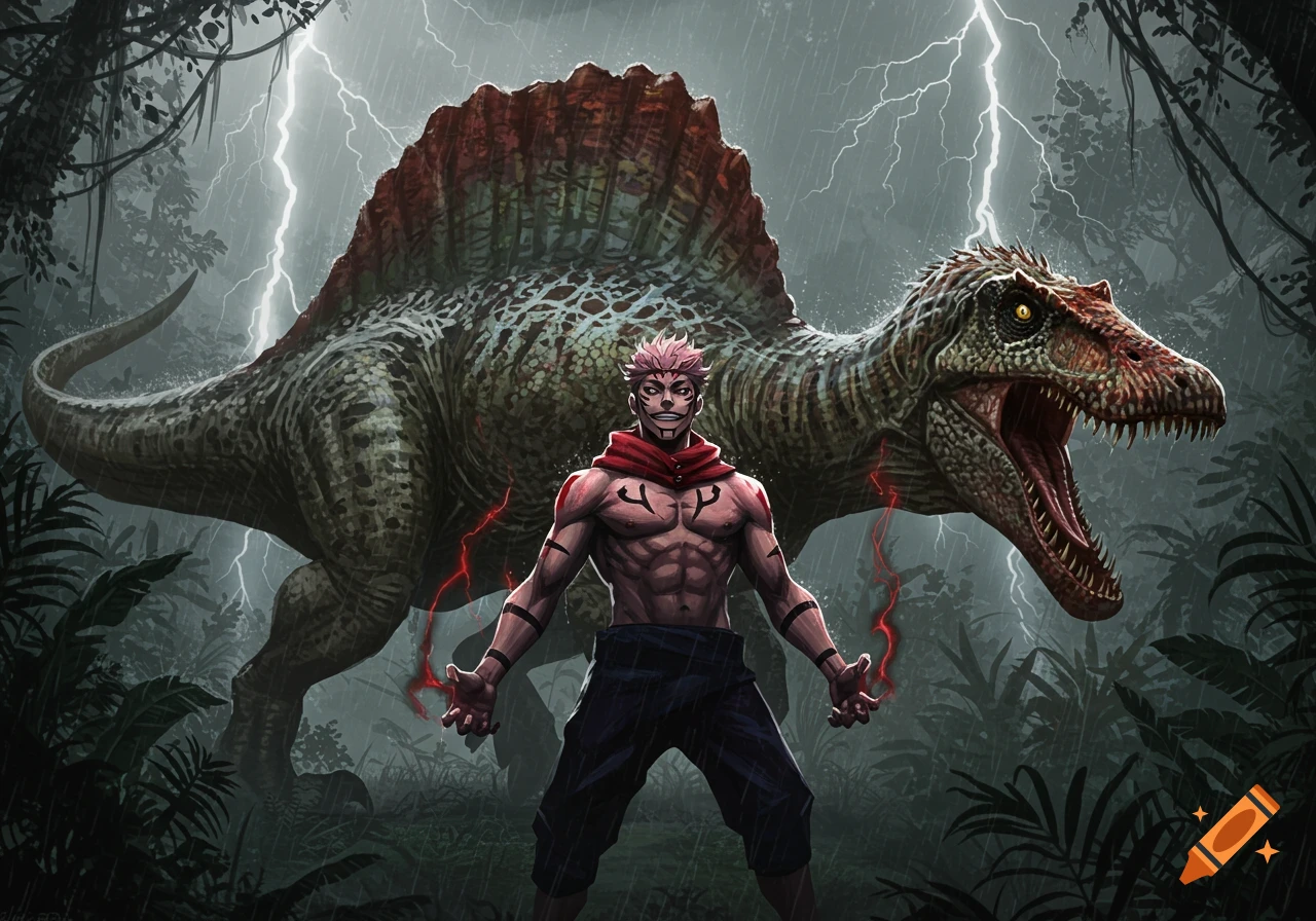 Sukuna from Jujutsu Kaisen stands in a rainy jungle with glowing hands, a roaring Spinosaurus and lightning behind him. Illustrated.