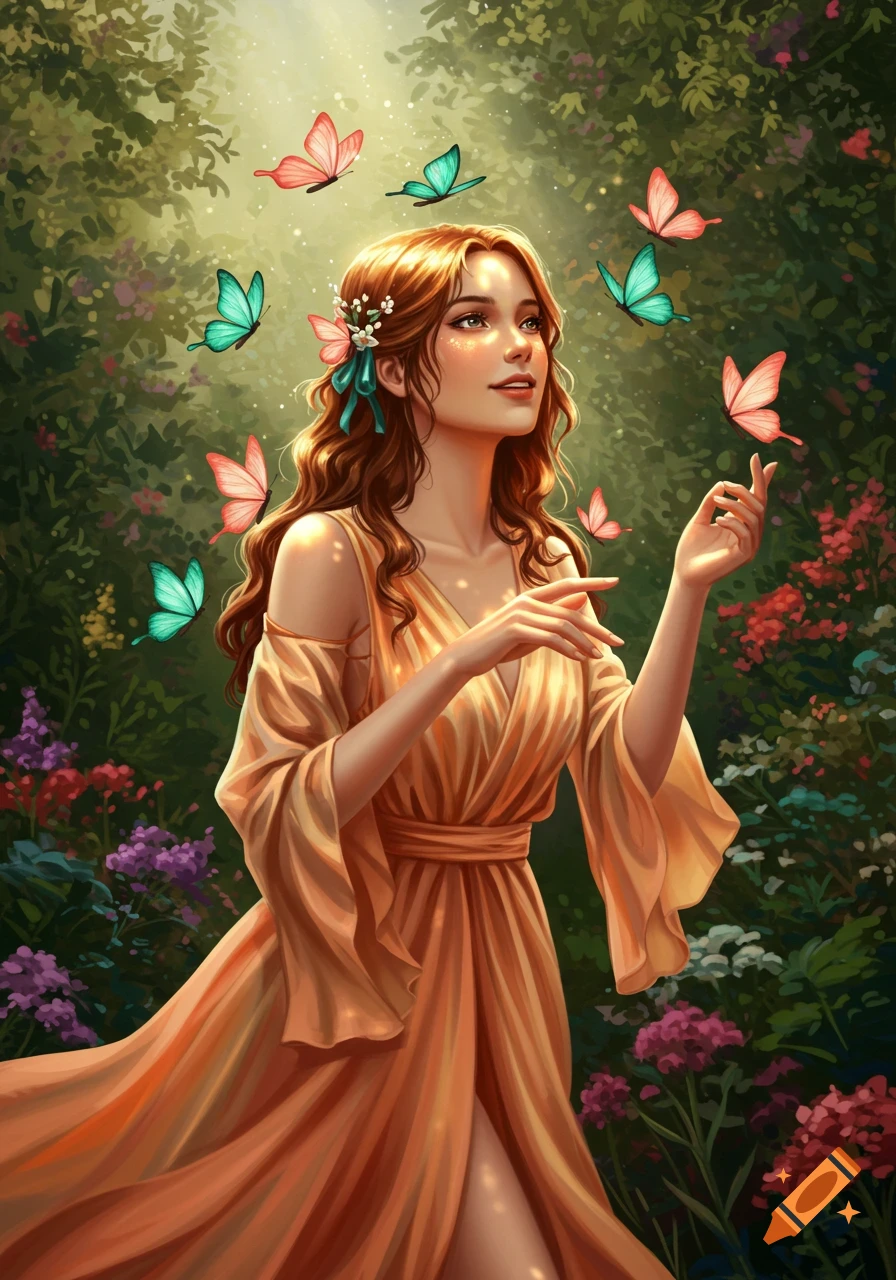 A graceful woman in a flowing peach dress with flowers in her hair stands in a sunlit forest, surrounded by pink and teal butterflies.