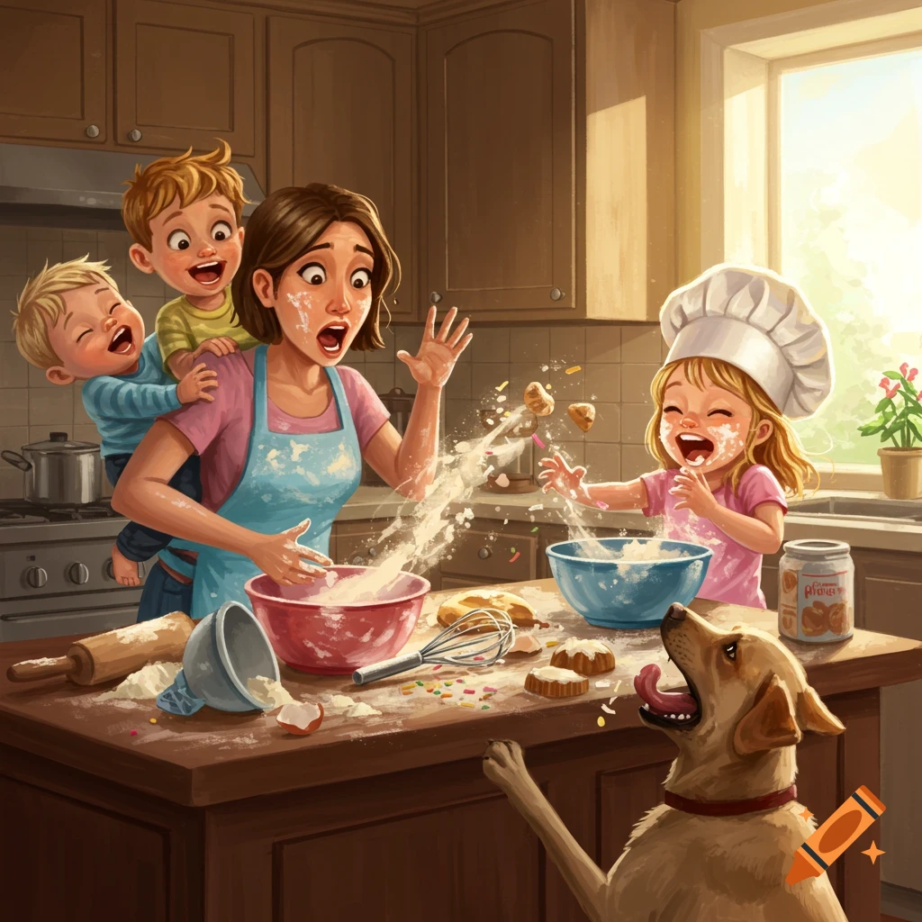 An exacerbated mom, holding a toddler, looks on as her daughter covered in flour, laughs while throwing baking ingredients in a messy kitchen with a dog trying to get food from the counter.