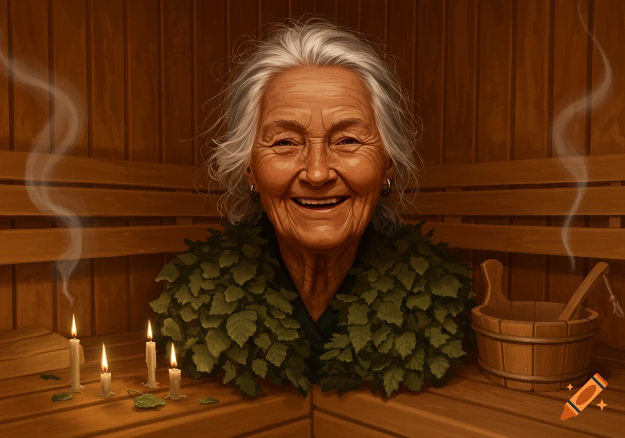 Digital painting of a smiling elderly woman with white hair in a sauna, with candles and steam.