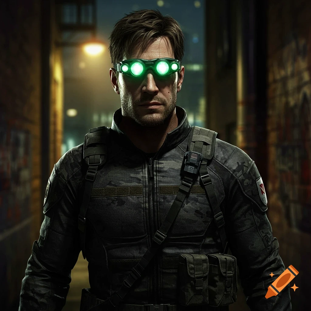 A man in tactical gear with glowing green night vision goggles stands in a dark alley, resembling Sam Fisher.