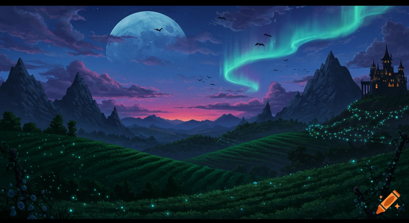 A dramatic dark fantasy landscape at night with a huge moon, green aurora, jagged mountains, a gothic castle, and glowing lights in a field.