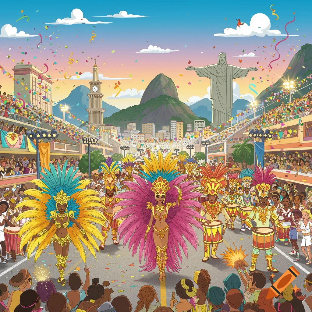Vibrant cartoon illustration of Rio de Janeiro Carnival parade with performers, drummers, crowds, confetti, and Christ the Redeemer statue.