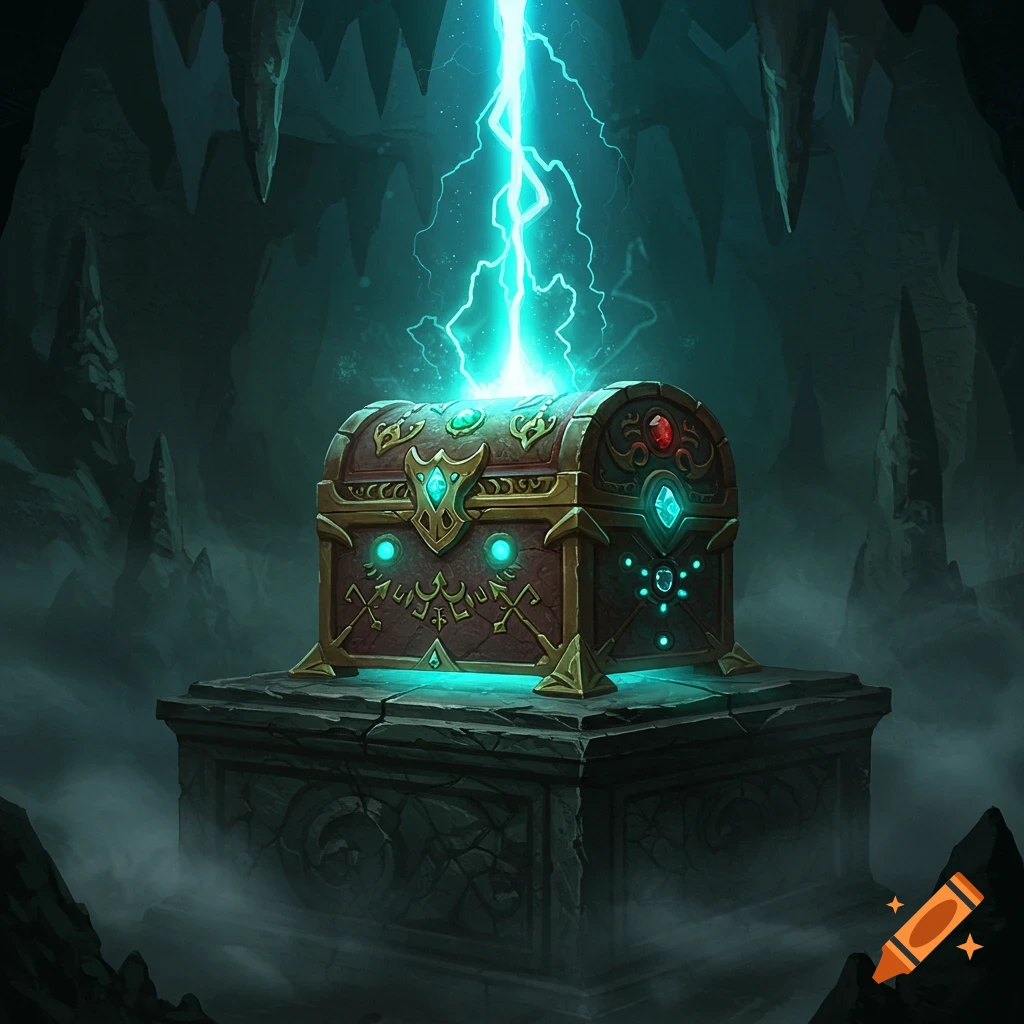 A mysterious, ornate treasure chest glows brightly with turquoise light and lightning in a dark, misty cave.