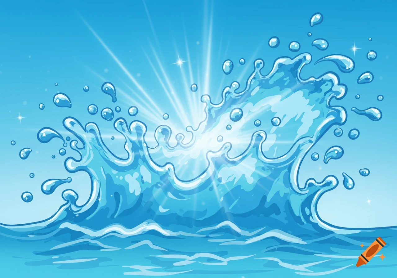 A cartoon illustration of a dynamic water splash with light rays and small bubbles against a bright blue sky.
