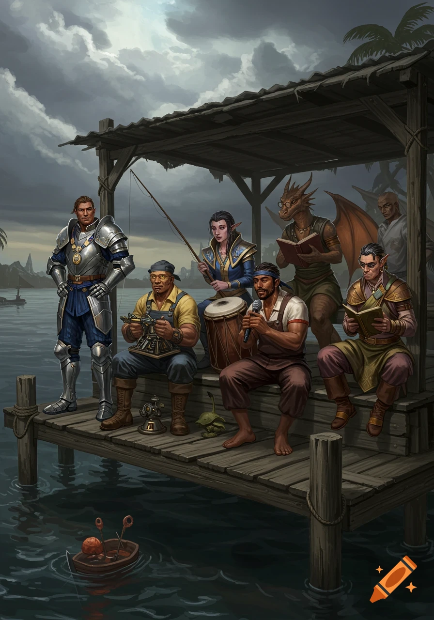 A group of diverse fantasy characters, including a knight, an elf, and a dragon, gather on a weathered wooden fishing dock under a cloudy sky.