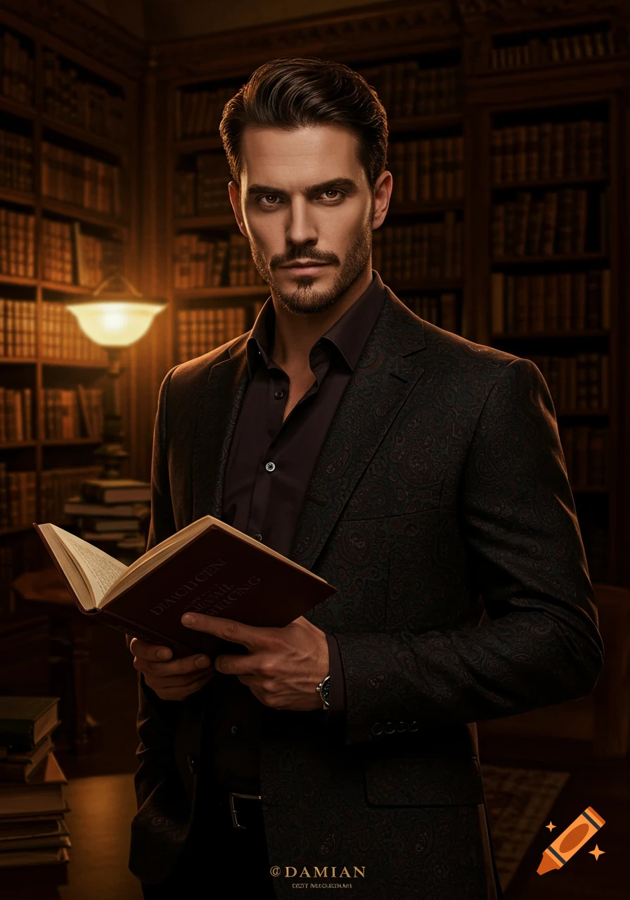 A handsome man with dark hair and a beard, wearing a dark patterned suit, stands in a warmly lit library, holding an open book.