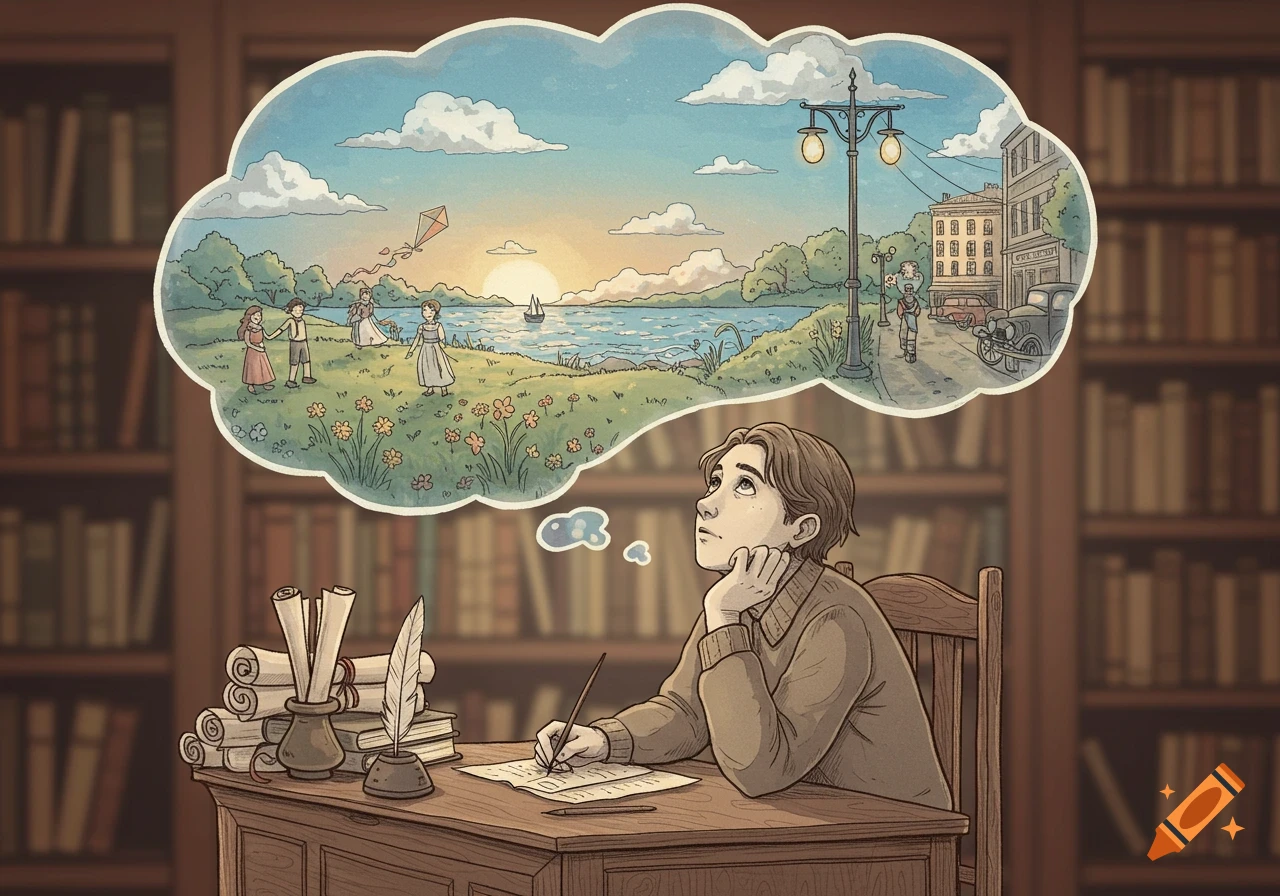 An illustration of a person writing at a desk, looking at a thought bubble showing a serene lakeside village scene with people and a sunset.