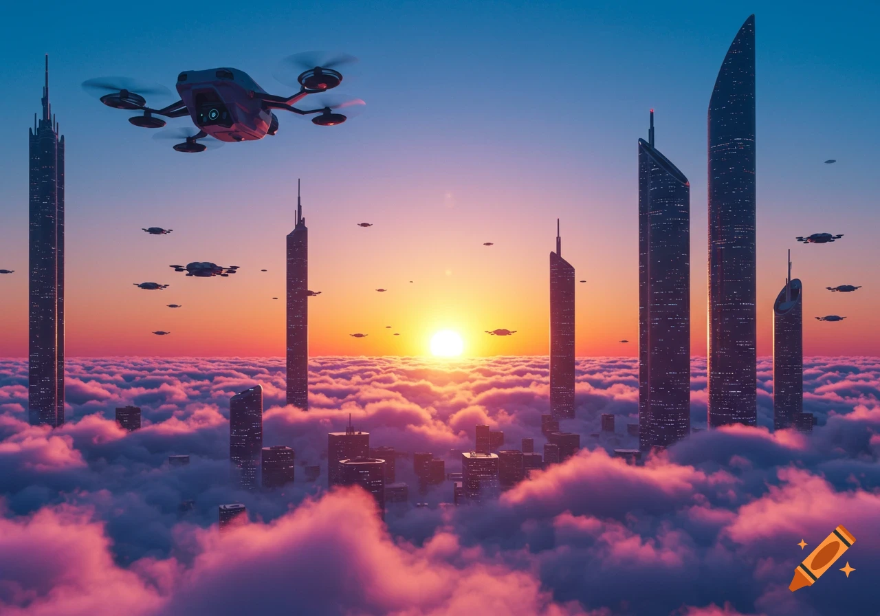 A vibrant futuristic city with tall skyscrapers emerging from pink and purple clouds at sunset, with numerous drones flying around.