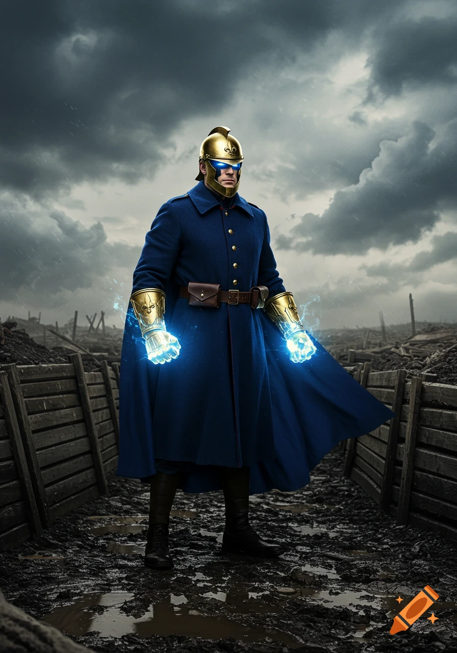 Photorealistic image of a French superhero in a blue greatcoat, golden helmet, and glowing gauntlets, standing in a muddy WWI trench.