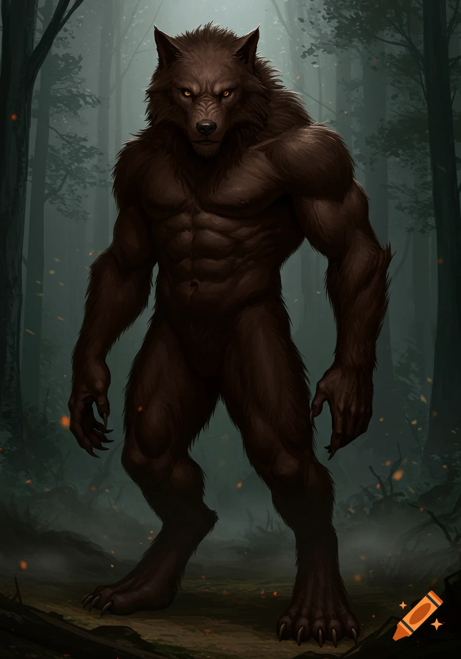 A muscular, dark brown werewolf with glowing yellow eyes stands in a dark, foggy forest.