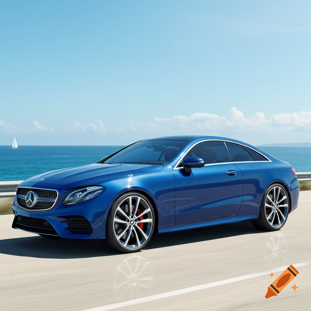 A gleaming blue Mercedes-Benz E-Class coupe drives along a sunlit coastal road with the ocean and a sailboat in the background under a clear sky.