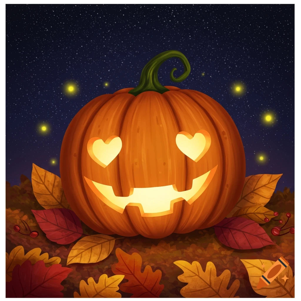 A cartoon jack-o'-lantern with heart-shaped eyes smiles among autumn leaves under a starry night sky.