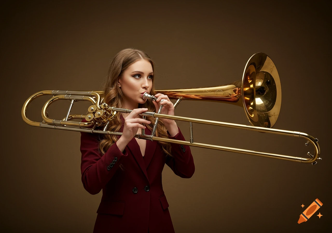 A young woman in a maroon jacket playing a very large, photorealistic golden trombone.