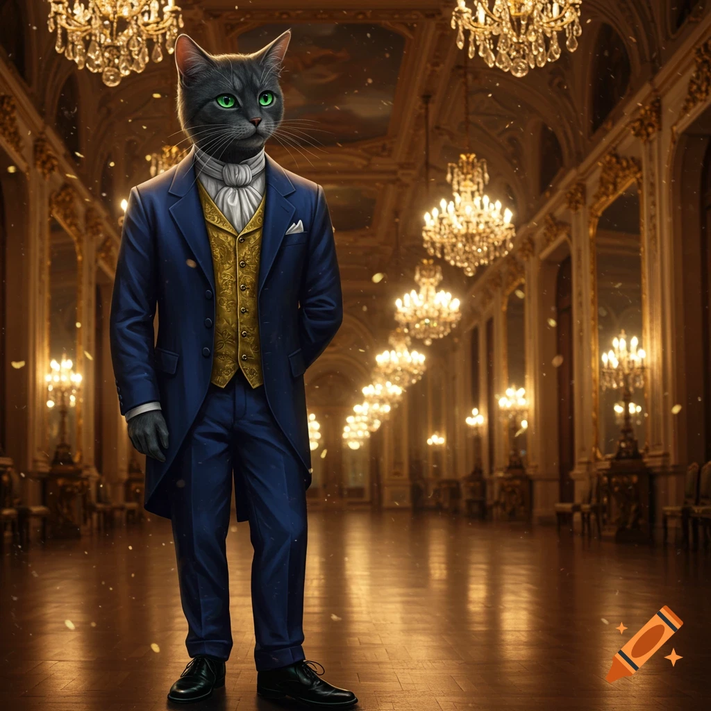 A grey anthropomorphic cat in a blue suit and gold waistcoat stands in a lavish ballroom with many chandeliers.