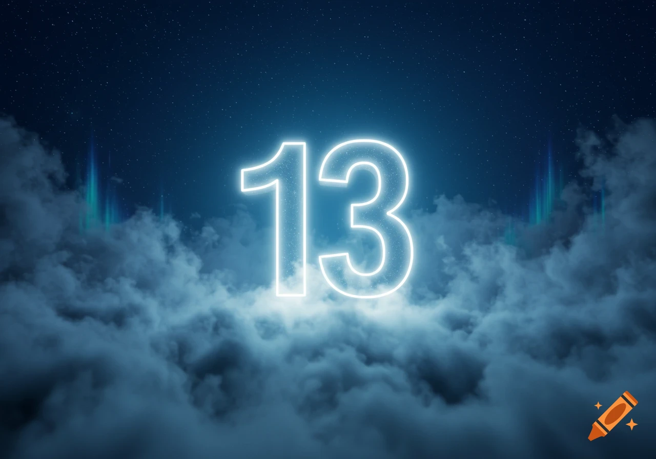 A glowing neon number 13 emerges from ethereal clouds under a starry night sky with aurora lights.