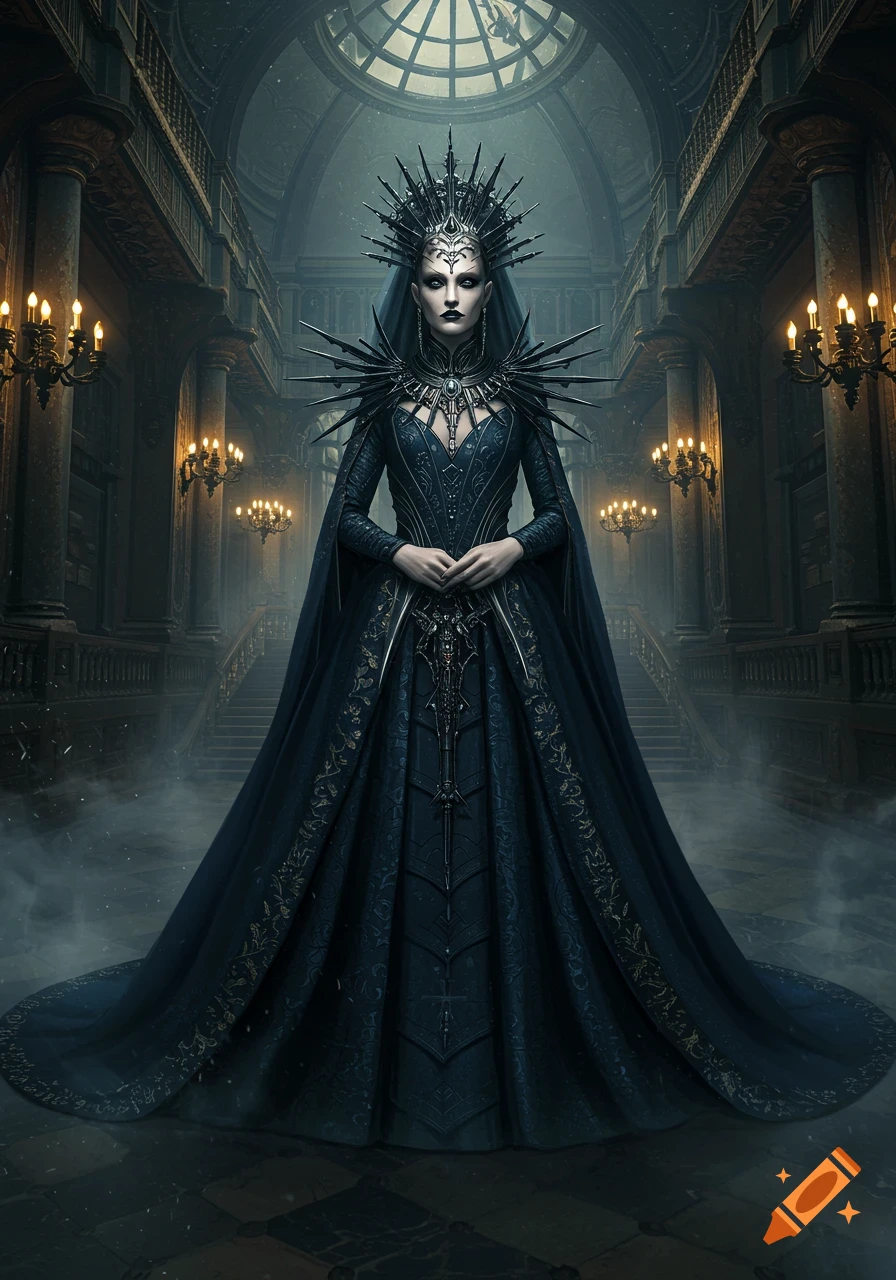 A dark fantasy queen in an elaborate spiked crown and intricate dark blue gown stands in a grand gothic hall.