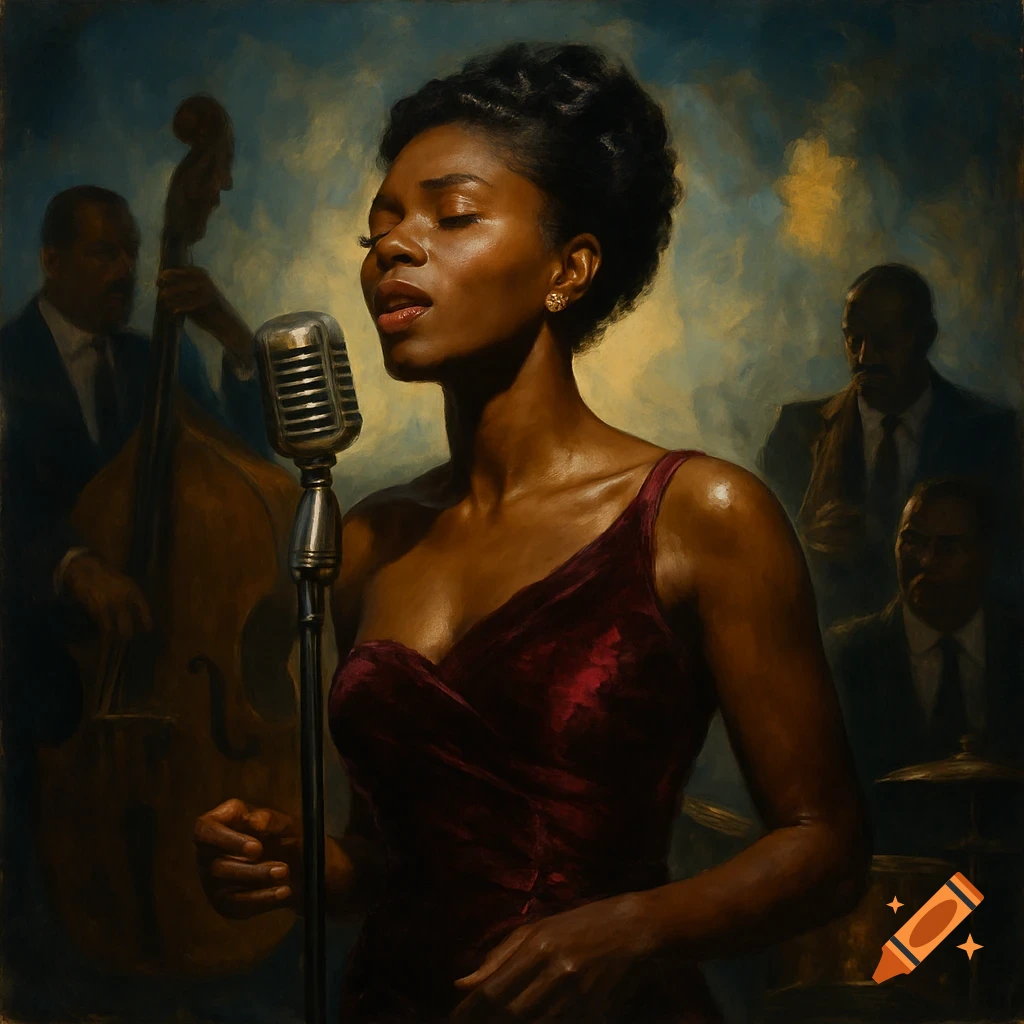 Painterly portrait of a Black woman jazz singer, eyes closed, singing into a vintage mic. A band plays in the dark background.