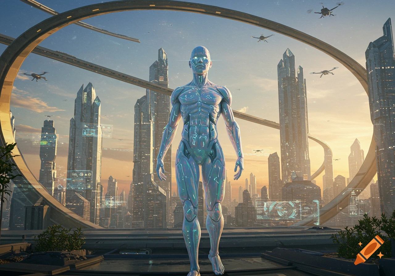 A futuristic humanoid robot stands on a rooftop overlooking a vast, advanced city at sunset, with flying drones and holographic displays.