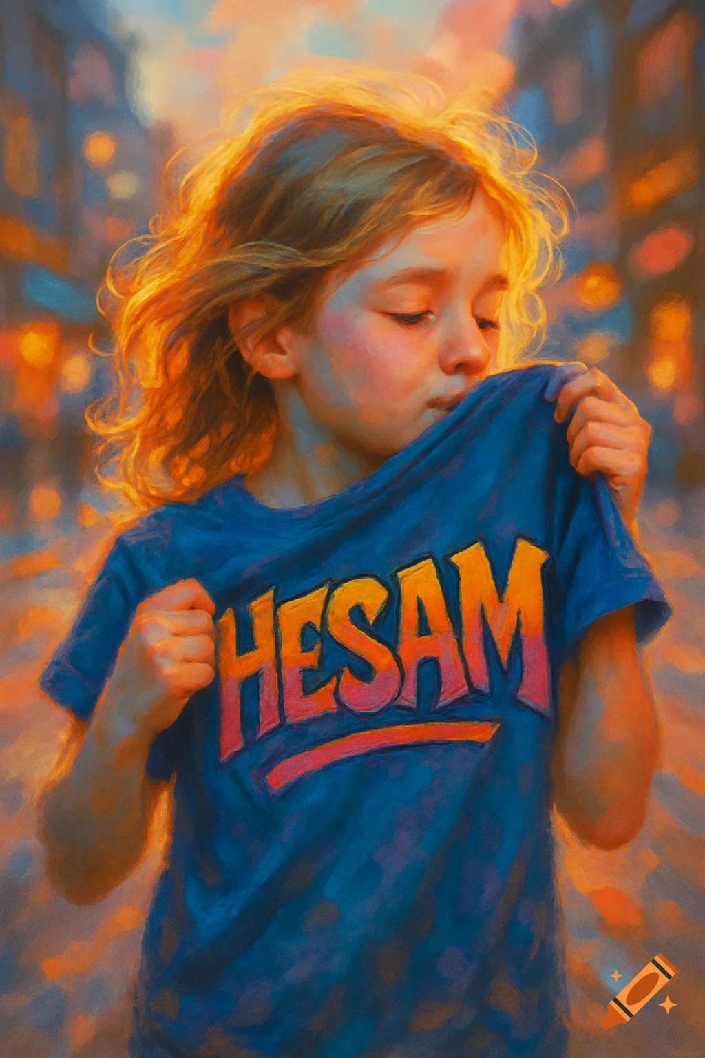 A young girl with blonde hair in a painterly style pulls her blue t-shirt with 'HESAM' printed on it to her face.