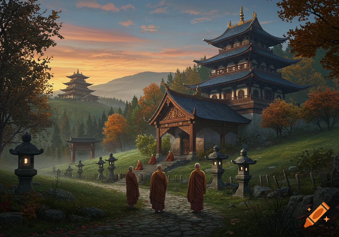 Buddhist monks walk on a stone path towards temples in a scenic, autumn mountain landscape at sunset.