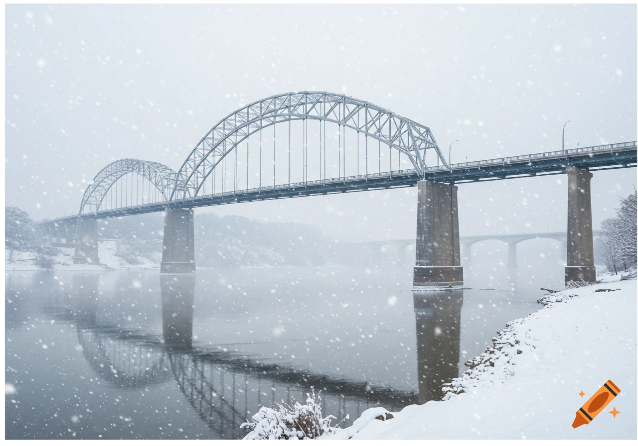 Photorealistic large arched bridge spanning a river during a heavy snowstorm, with snowy banks and reflections.