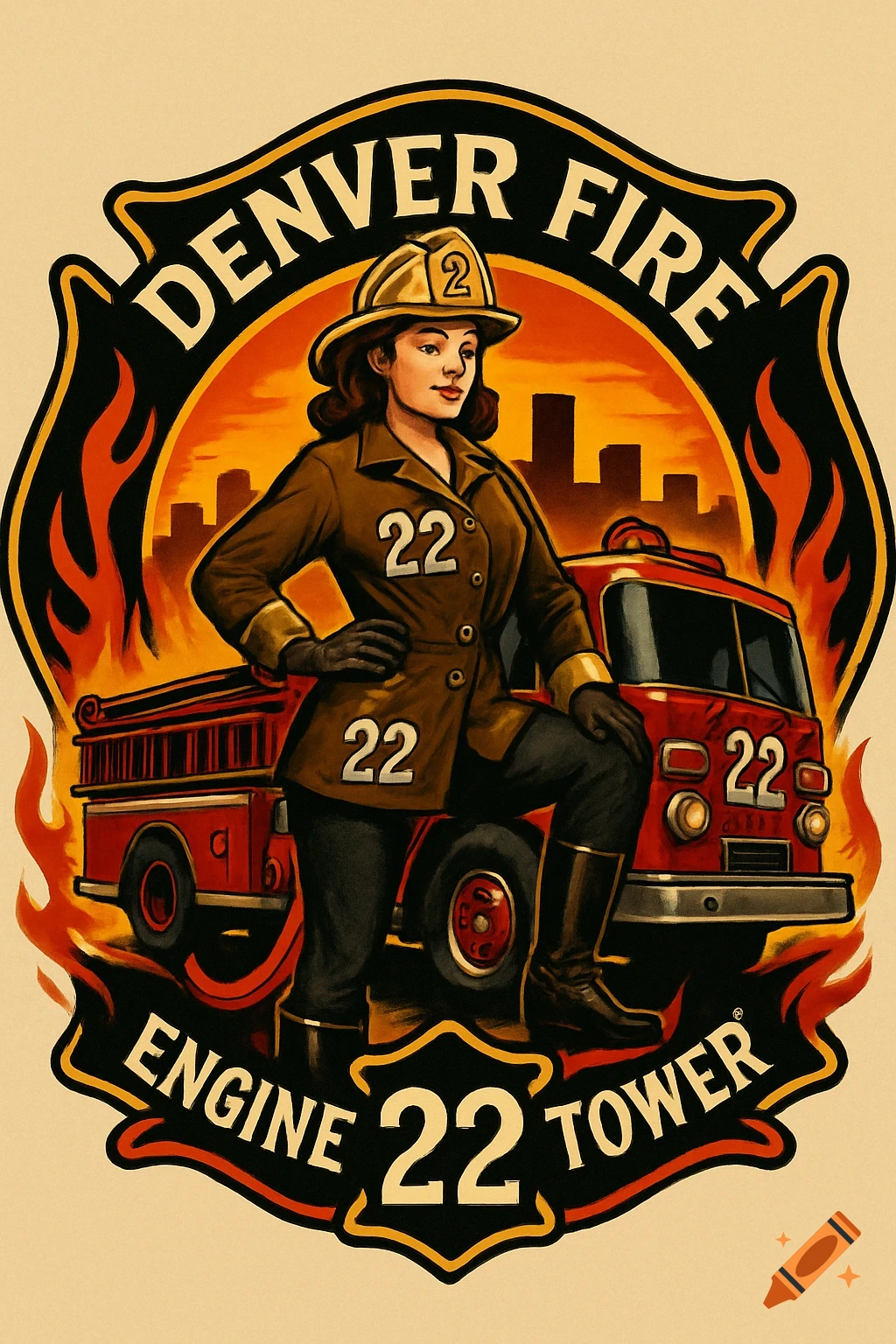 A vintage pinup style logo featuring a female firefighter, fire truck, and the text "Denver Fire Engine 22 Tower".