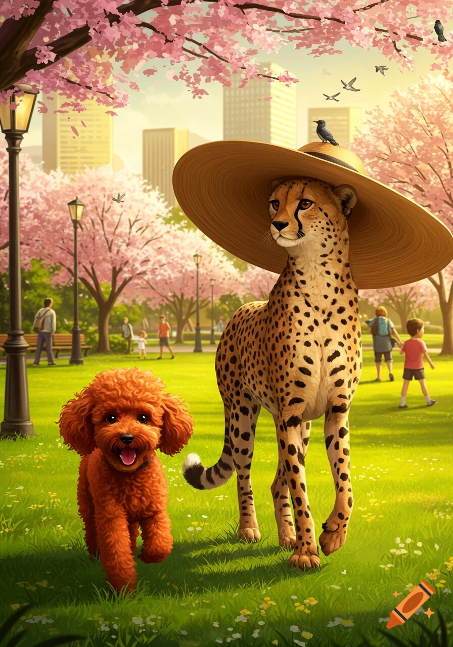A red miniature poodle and a cheetah in a sunhat walk through a cherry blossom city park, digital art style.