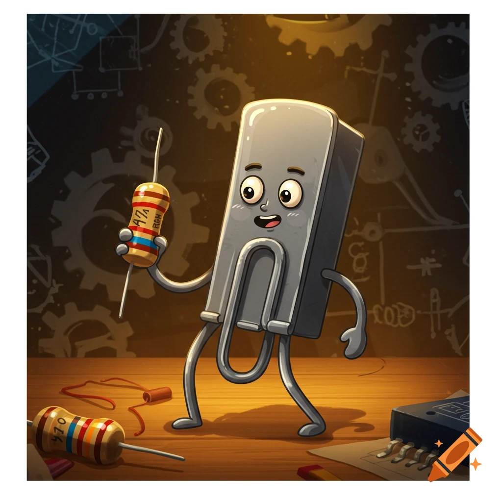A cute cartoon paperclip character holding a 47k ohm resistor, with other electronic components on a wooden desk, illustration.